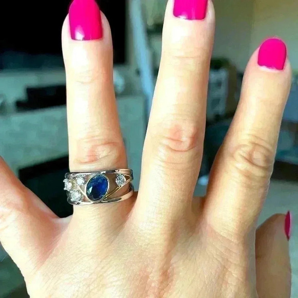 Gorgeous 14k Gold 925 Silver Blue Sapphire Diamond Ring - Picture 5 of 7
